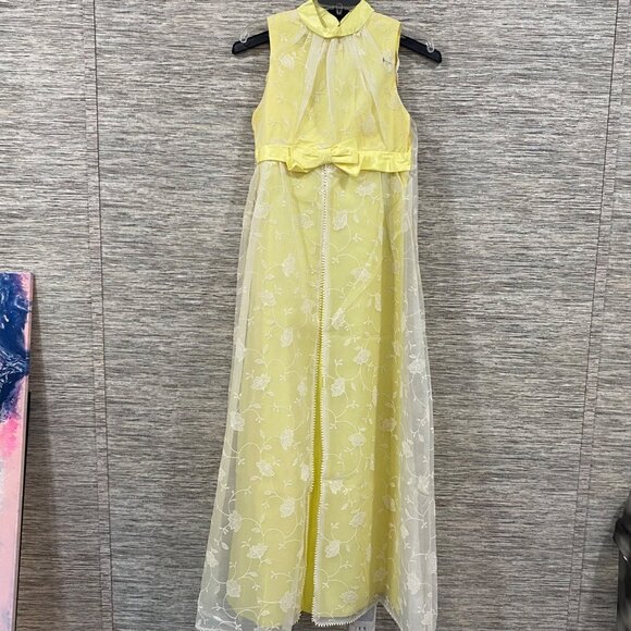 🌼 Vintage 1960s Montgomery Ward Yellow Gown w/ Sheer Overlay - - Picture 1 of 11